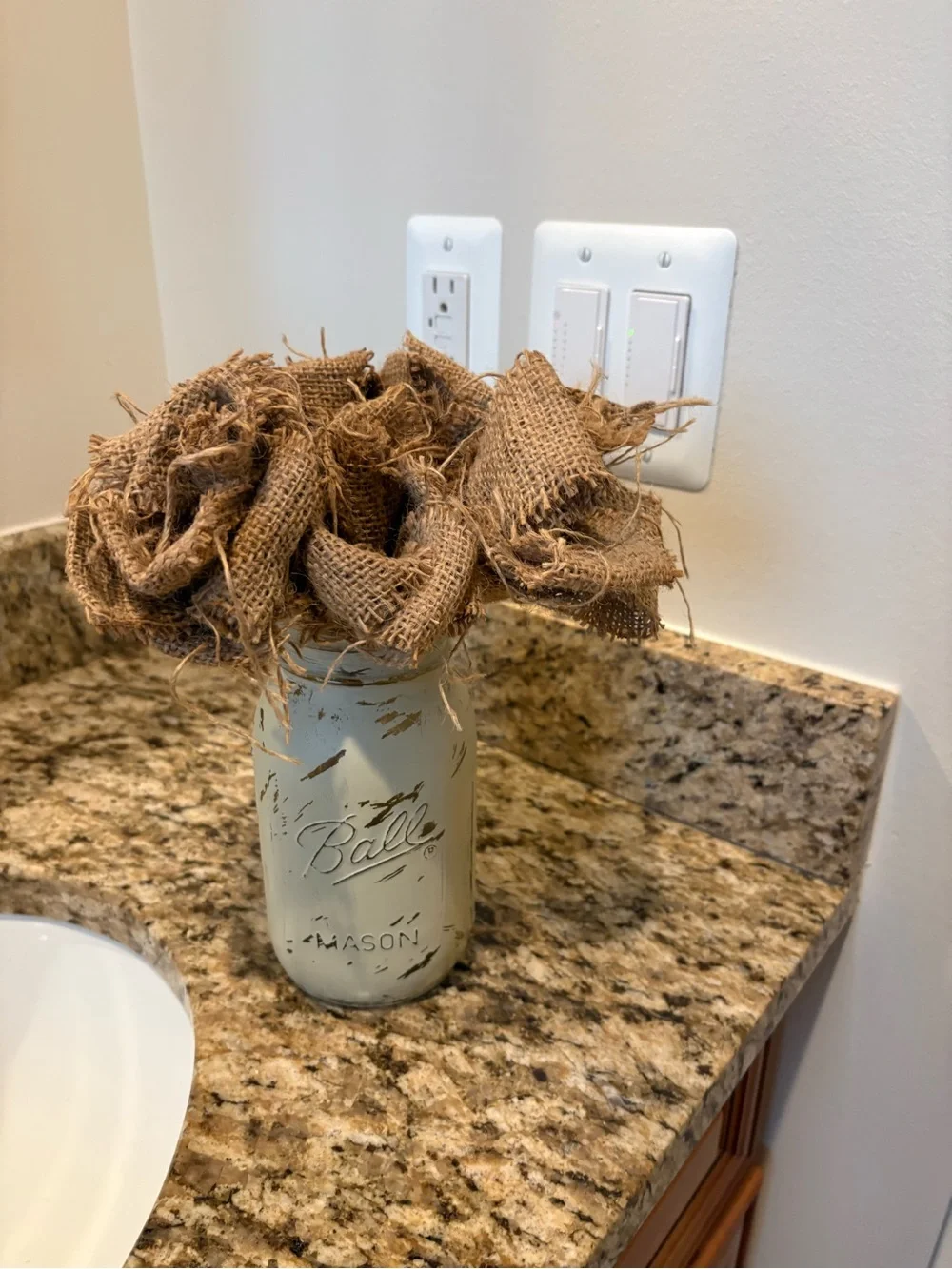 Mason Painted Jar Vase with Burlap Flowers - Cream